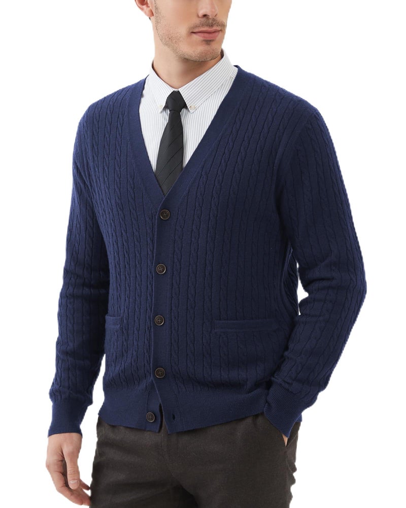 Kallspin Men's Cardigan Sweater Wool Blend Cable Knit V Neck Buttons Cardigan with Pockets(Navy Blue, Large) - Image 1